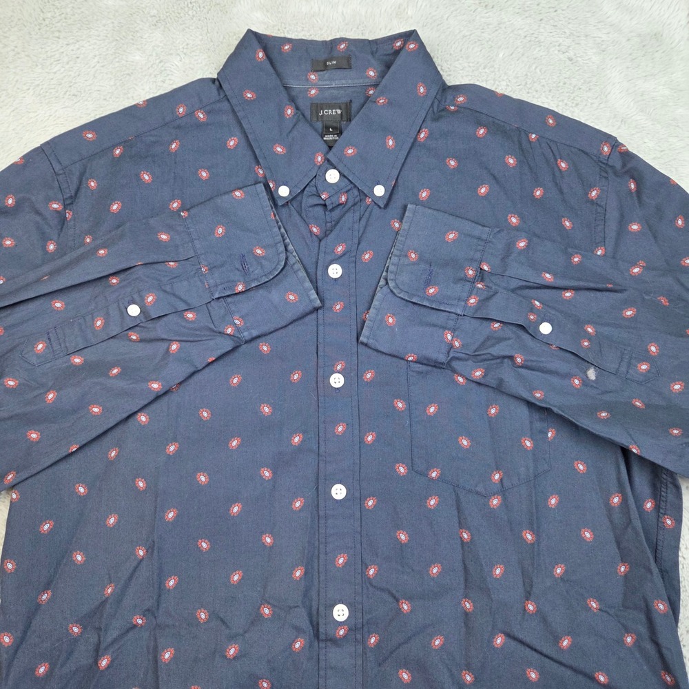 J.Crew Button Down Shirt Mens L Slim Fit Floral Medallion Print Long Sleeve Navy